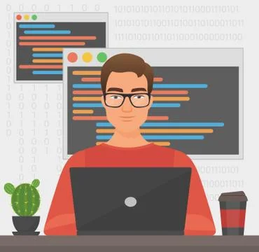 Man programmer is working with laptop code. Programmer coding. 스톡 일러스트