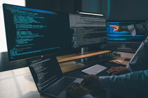 Man programmer writing program code at a multi monitor workstation with lap.. Stock-Fotos