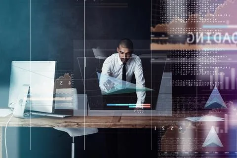 Man, programming and digital overlay in studio for software update, system login Stock Photos