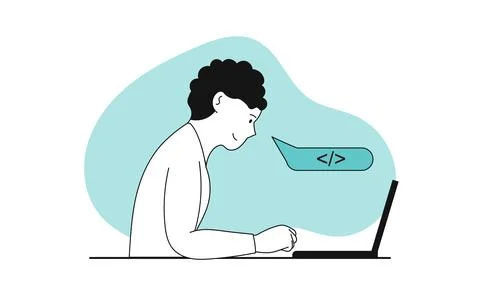 Man programming application at laptop vector illustration concept. Web soft.. Illustrazione stock