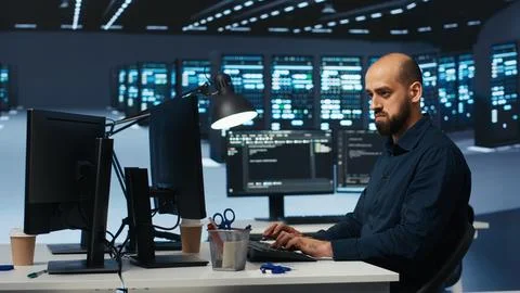 Man programming in high tech facility with server rows 스톡 사진