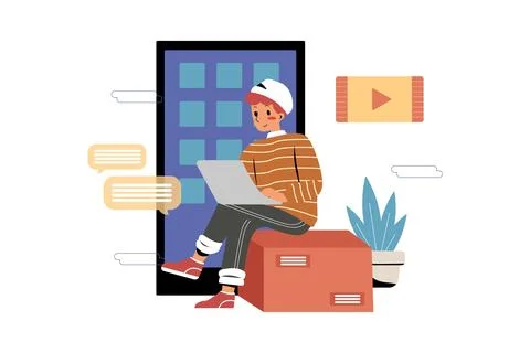 Man programming on his laptop in IT co-working office Stock Illustration