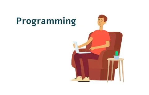Man is programming on laptop and sitting in chair cartoon style Stock Illustration