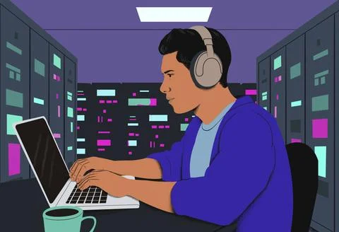Man programming in a server room with colorful data racks. Cyber Security,... Foto stock
