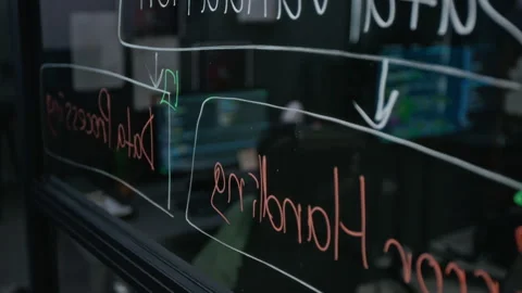 Man Programming Software on Monitors Behind Glass Board Stock Footage 348371787