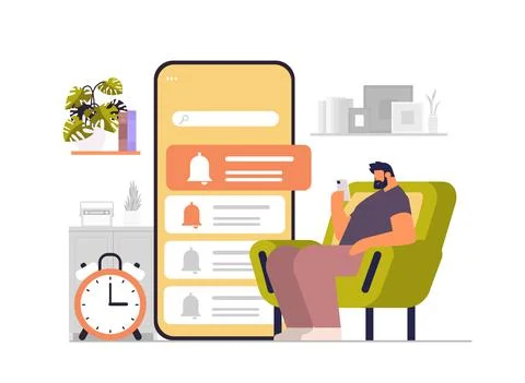 Man programming time reminder alarm on smartphone screen office day planner Stock Illustration