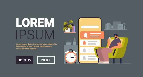 Man programming time reminder alarm on smartphone screen office day planner Stockillustratie