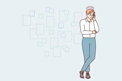 Man project manager stands cross-legged and touches head thinking about f Stock Illustration