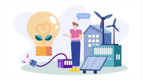 A man promoting reusable energy and wind resource for electricity illustration Stock Footage 283614624