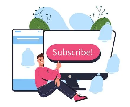 Man promoting subscribe button online. Vector illustration Illustrazione stock
