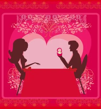 Man proposing with an engagement ring to his love in a restaurant  Stock Illustration