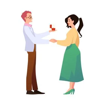 Man proposing to his girlfriend, holding box with diamond ring, flat vector Stock Illustration