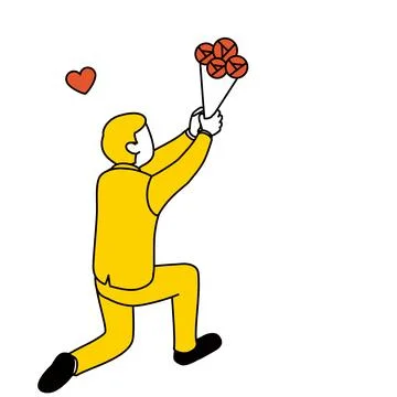 Man proposing on one knee, presenting with a bouquet of roses. Stock Illustration