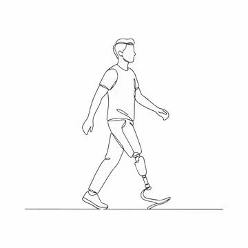 Man with prosthetic leg walking, one line art illustration Silhouette Stock Illustration