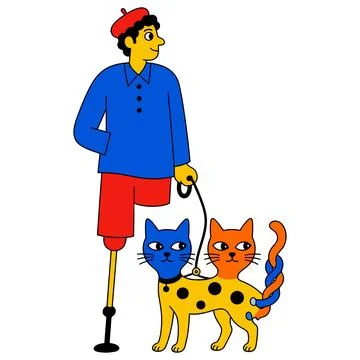 Man with Prosthetic Leg Walking Two Cats on a Leash Stock Illustration