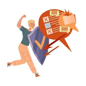 Man protected by shield from information attack. Person overloaded by Stock Illustration