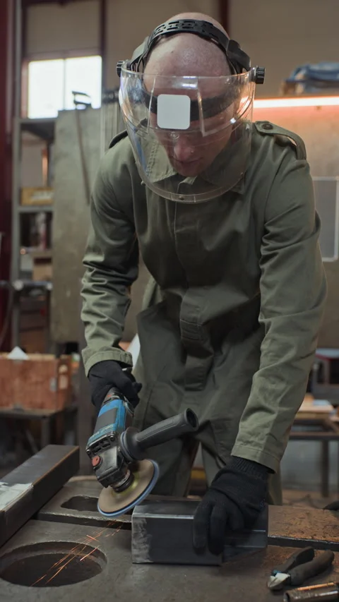Man in Protective Face Shield Polishing Steel Block with Grinder Vídeo Stock 342512539