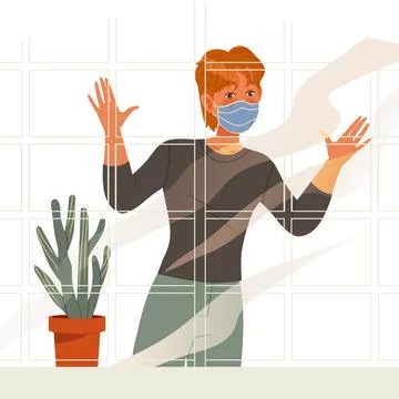 Man in protective mask looking out of the window. Guy staying at home with self Stock Illustration