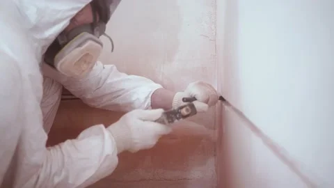 A man in protective mask makes wiring with a hammer and a chisel at home Stockbeeldmateriaal 154326697