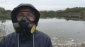 Man with a protective mask with poisoned dead fish in lake 4k or 4k+ Resolution