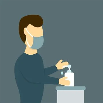 Man in protective mask uses a hand sanitizer Stock Illustration