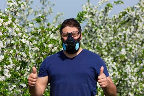 Man with protective mask while spraying cherry flowers Stock Photos