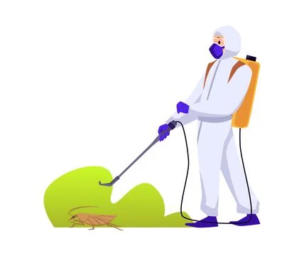 Man in protective suit exterminating cockroach with spray, flat vector Stock Illustration