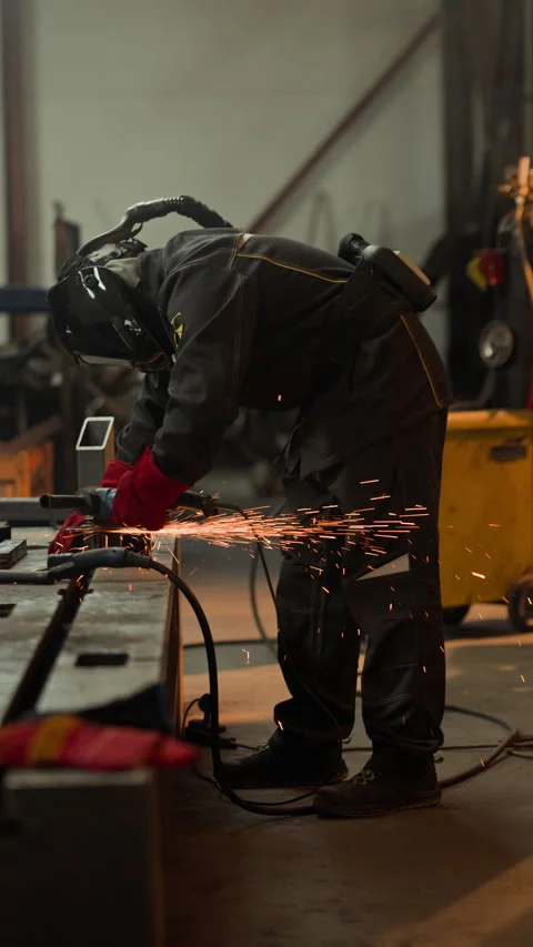 Man in Protective Suit Grinding Metal with Angle Grinder in Workshop Stock Footage 342514014