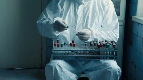 A man in a protective suit is sorting through test cones. Stock Footage 131516102