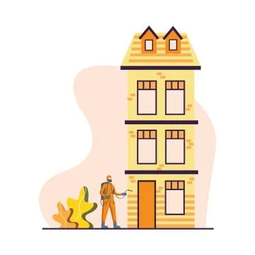 Man with protective suit spraying building vector design Ilustración de archivo