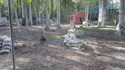 Man in protective uniform and mask with gun in right hand runs playing paintball Stock-Footage 76651257