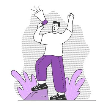 Man protesting for their rights.Guy holds loudspeaker.Protesting people.Man h Stock Illustration