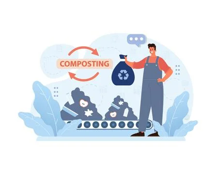 Man proudly showcasing the composting process. Flat vector illustration Stock Illustration