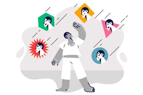 Man with psychological disorder causing changes in mood stands among faces with Stock Illustration