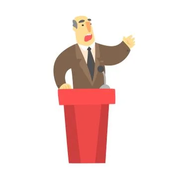 A man public speaking behind a red tribune in a brown suit Stock Illustration