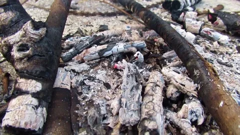 Man puffing in to a burning coals to make a grill Video stock 139795718