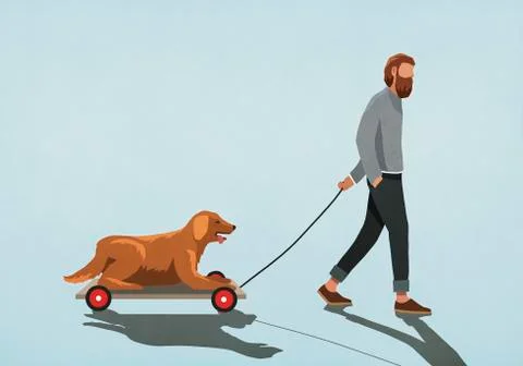 Man pulling dog on cart Stock Illustration