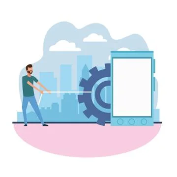 Man pulling a gear wheel and smartphone device Illustrazione stock