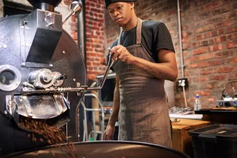 Man pulling lever to pour our coffee beans from roaster Stock Photos