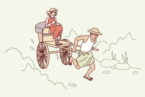 Man pulling rickshaw with female passenger Stock Illustration