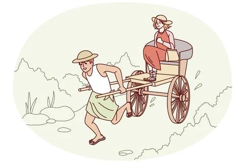 Man pulling rickshaw with female passenger Illustrazione stock