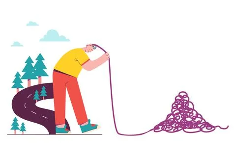 A Man Is Pulling a Rope from His Head. Overthinking Illustration Stock-Illustration
