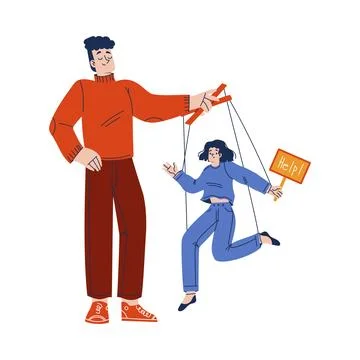 Man Pulling Rope or Strings with Woman Hanging Engaged in Manipulation and Stock Illustration