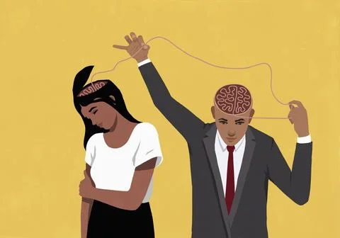 Man pulling at string in his brain connected to woman's brain Stock Illustration