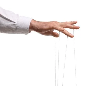 Man pulling strings of puppet on white background, closeup Stock Photos