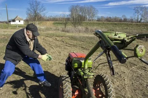 A man pulling a tractor Stock Photos