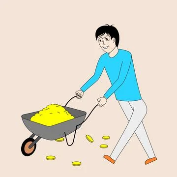 A man is pulling a wheelbarrow full of gold coins Stock Illustration