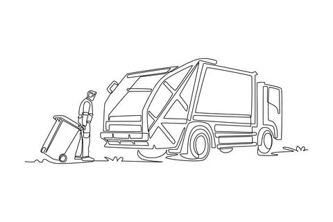 Man pulling wheeled trash bin toward a garbage truck Stock Illustration