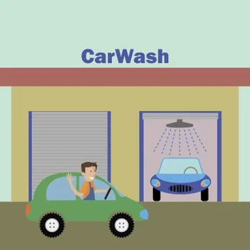 Man pulls up to the car wash Stock Illustration