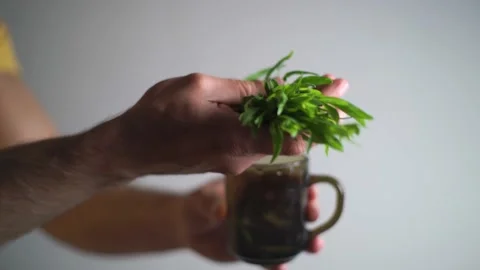 Man pulls out a bunch medicinal herbs from a glass, tarragon, close-up Stock Footage 133726831